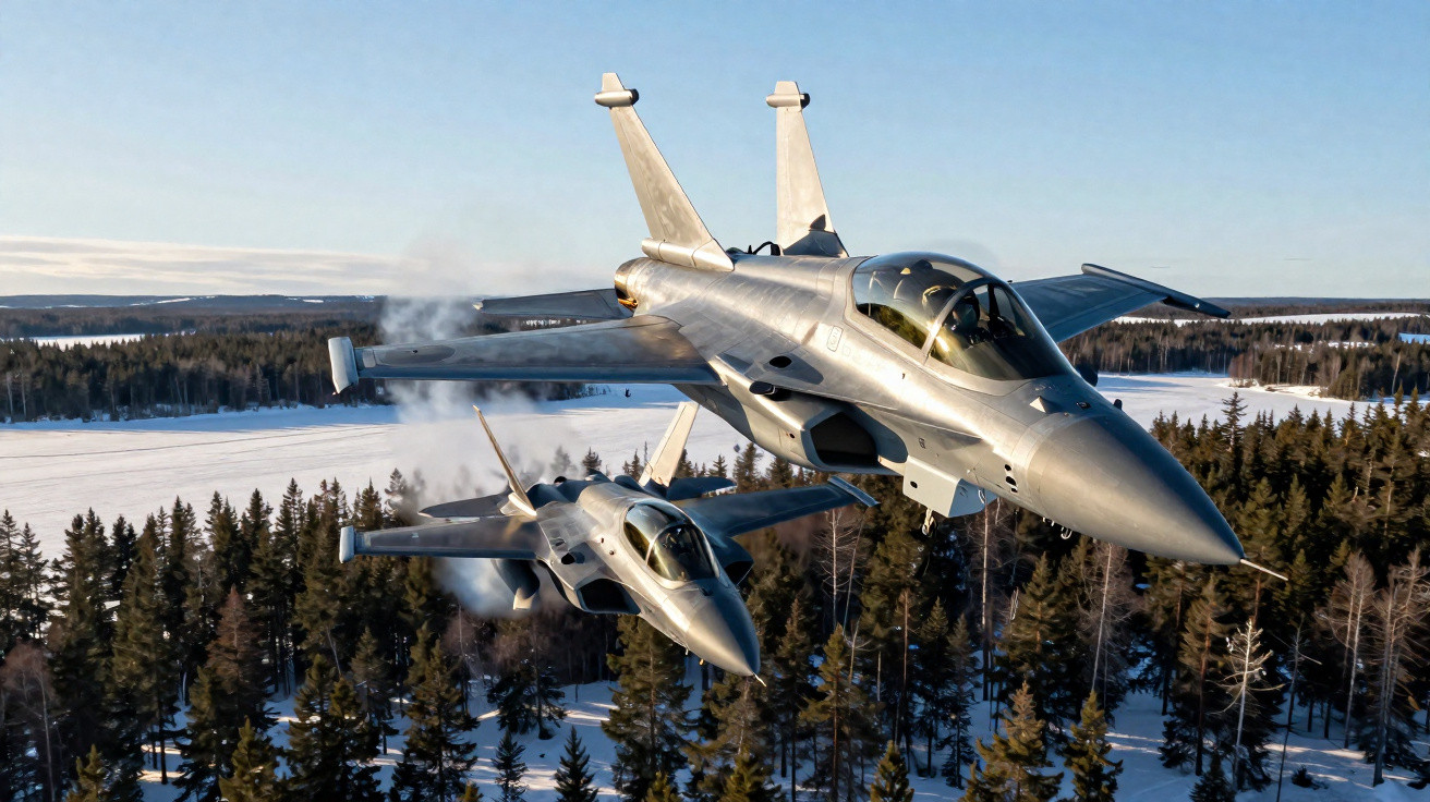 Dois jatos militares voando baixo sobre uma floresta com chão coberto de neve.