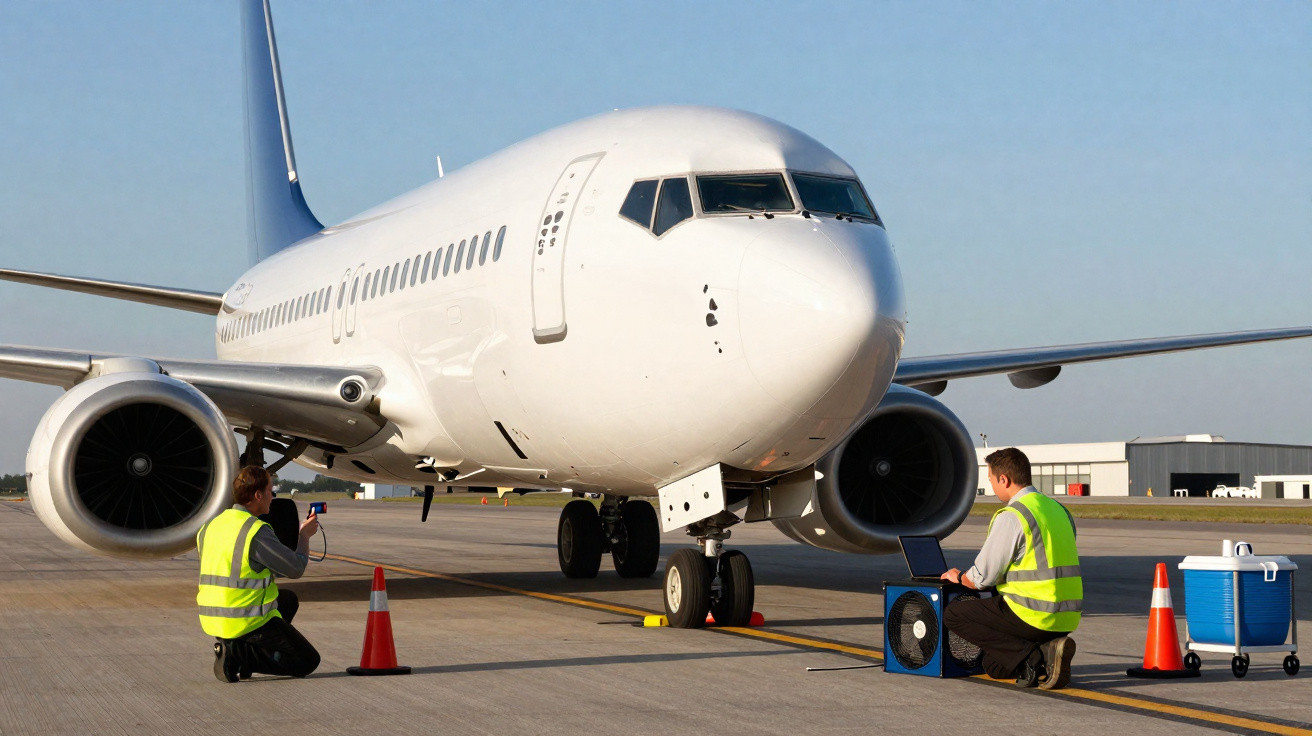 Avião branco parado no aeroporto com dois técnicos em coletes amarelos fazendo inspeção.