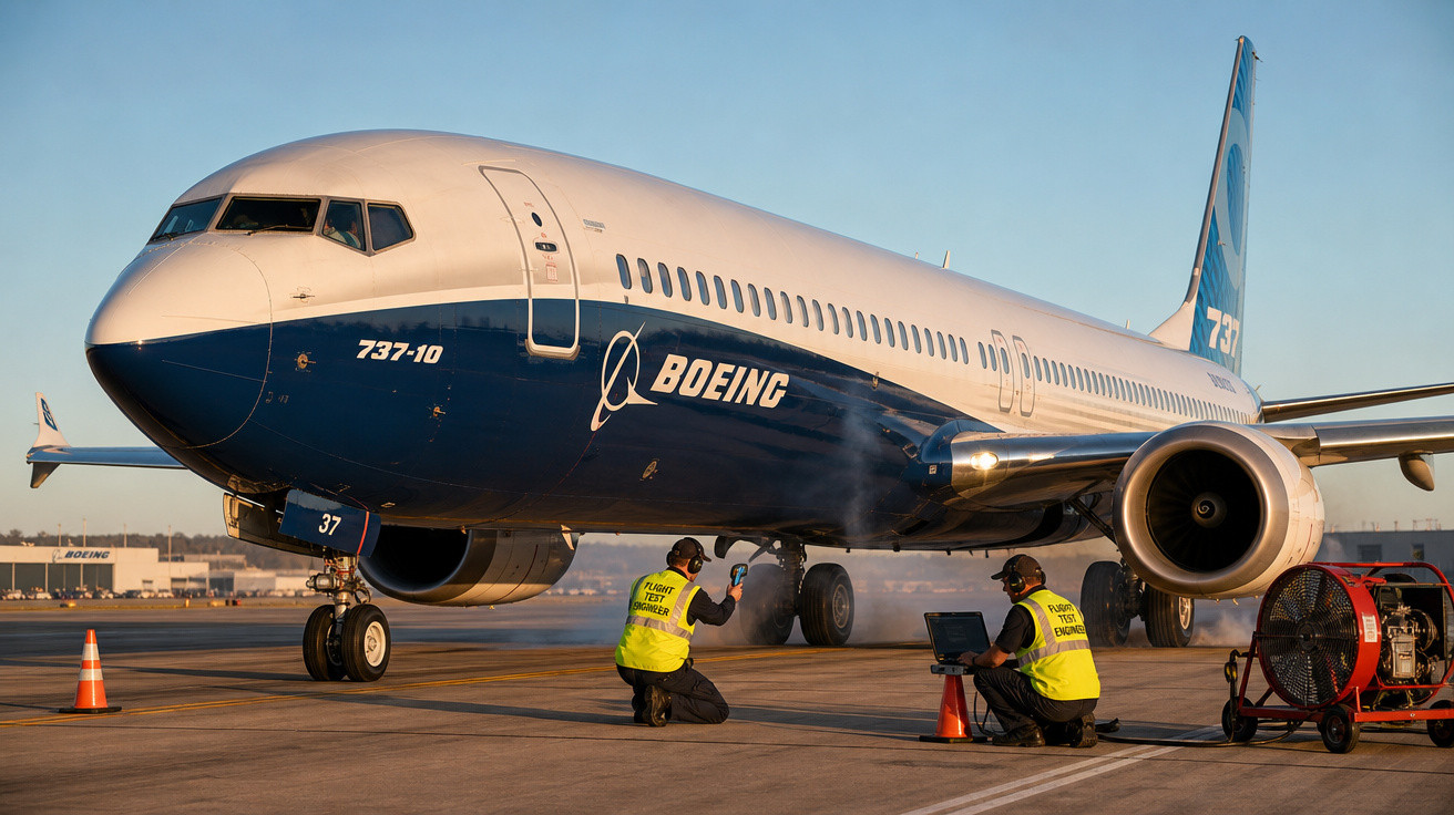 Avião Boeing 737-10 sendo inspecionado por técnicos no pátio de um aeroporto durante o dia.