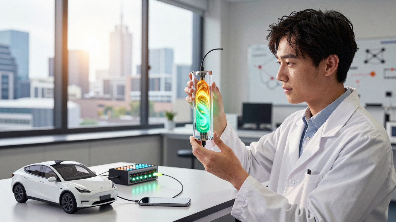 Cientista em laboratório segurando dispositivo tecnológico colorido com carro elétrico e celular na mesa.