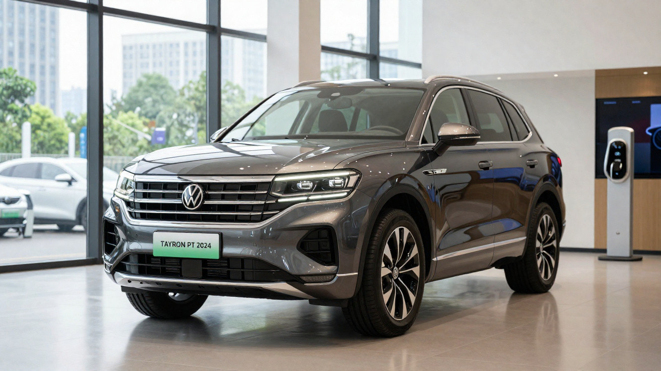 Carro SUV Volkswagen Tayron PT 2024 cinza exibido em showroom moderno com janelas amplas.