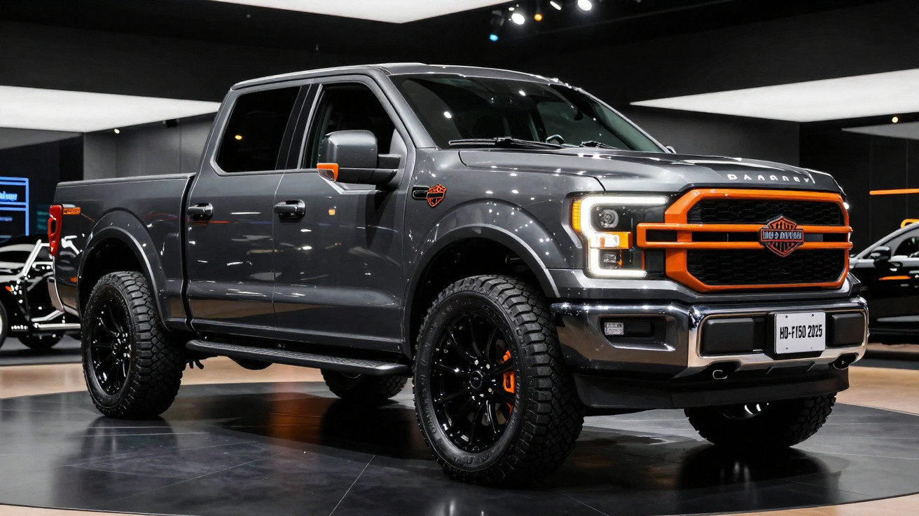 Picape Ford F-150 cinza com detalhes em laranja, exibida em salão de automóveis moderno.