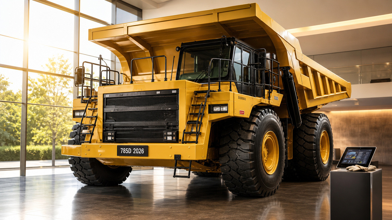 Caminhão gigante amarelo de mineração exposto em ambiente interno com iluminação natural.