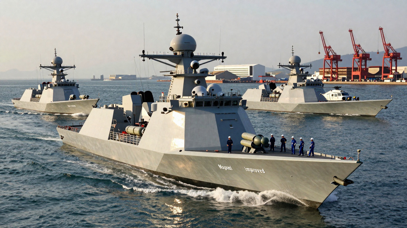 Três navios de guerra modernos navegando próximos a um porto com guindastes vermelhos ao fundo.