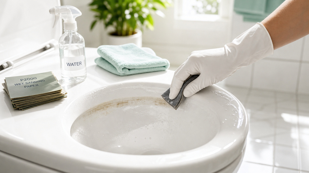 Pessoa limpando vaso sanitário branco com raspador, ao lado toalhas, areia molhada e borrifador de água.