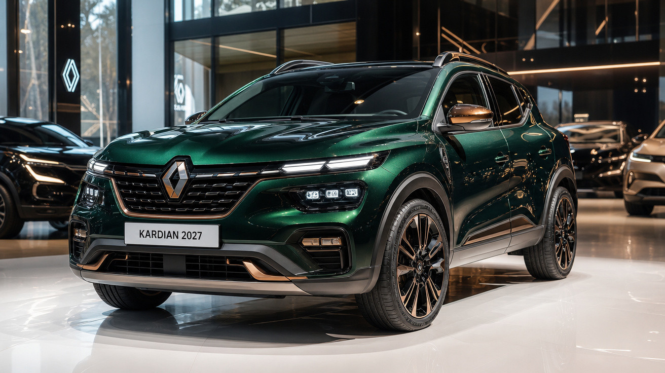 SUV Renault Kardian 2027 verde escuro exposto em showroom moderno e iluminado.