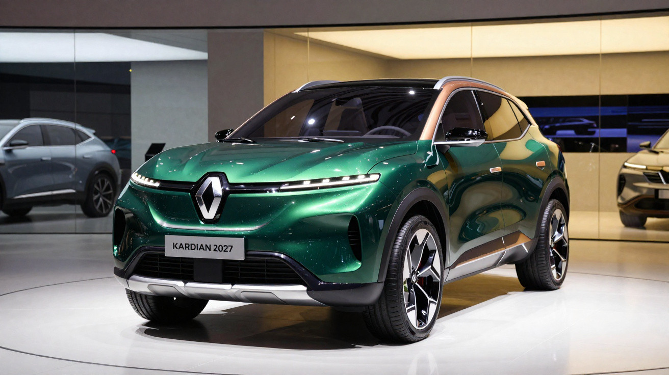 Carro verde Renault Kardian 2027 exposto em salão, com design moderno e faróis LED finos.