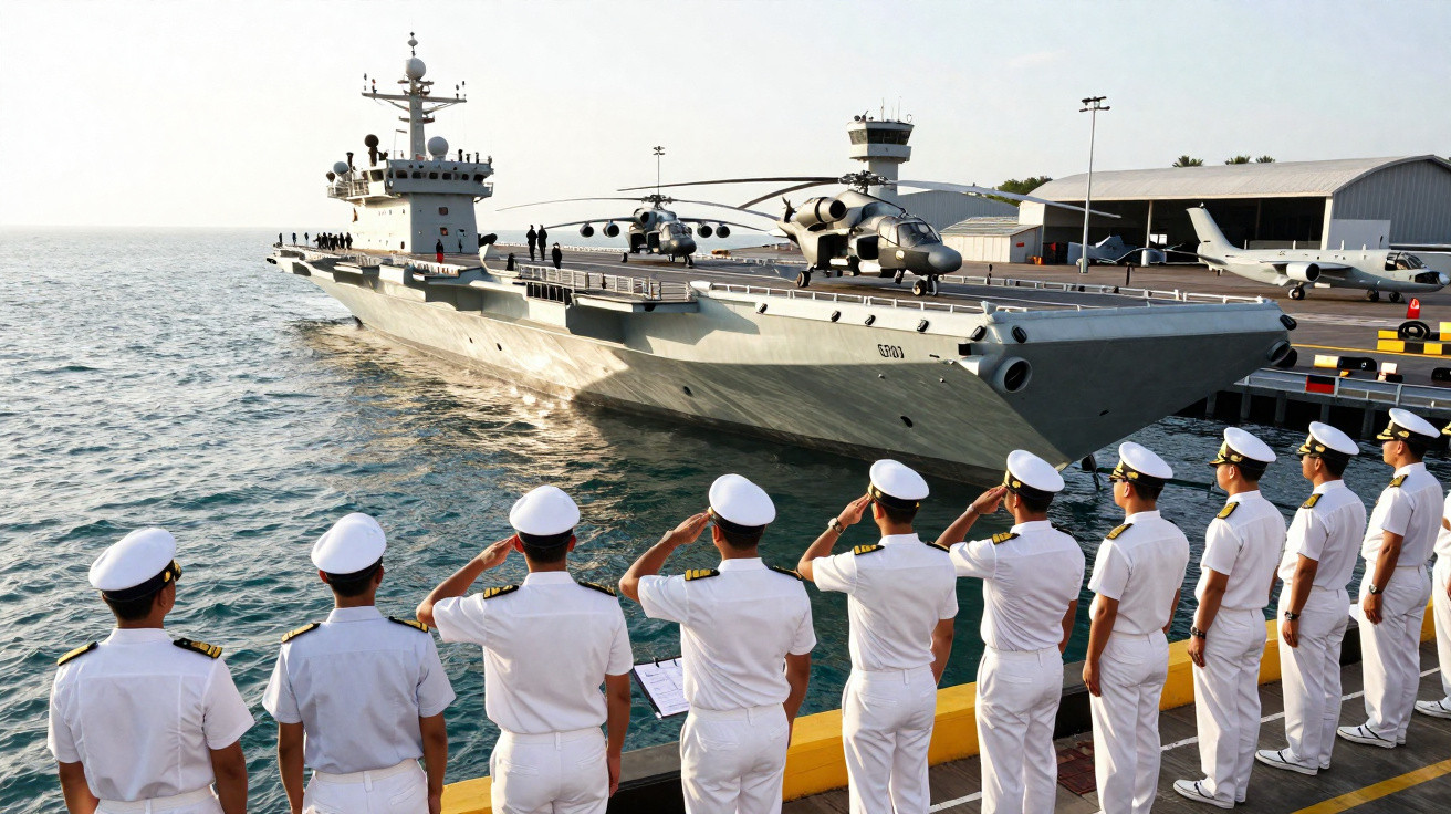 Marinheiros em uniforme branco saudando porta-aviões com helicópteros no convés em um porto naval.