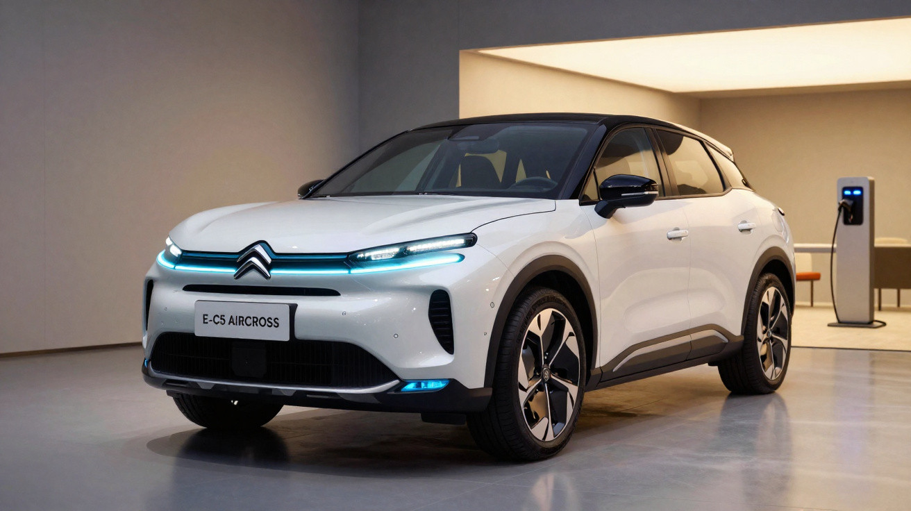 SUV elétrico Citroën E-C5 Aircross branco estacionado em ambiente interno com estação de recarga ao fundo.