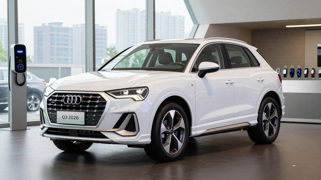 Carro Audi Q3 2026 branco exibido em showroom moderno com parede de carregadores elétricos ao fundo.