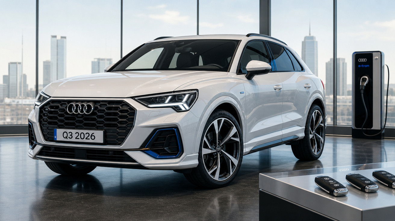 Audi Q3 branco 2026 estacionado em showroom moderno com carregador elétrico ao fundo e três chaves sobre mesa.