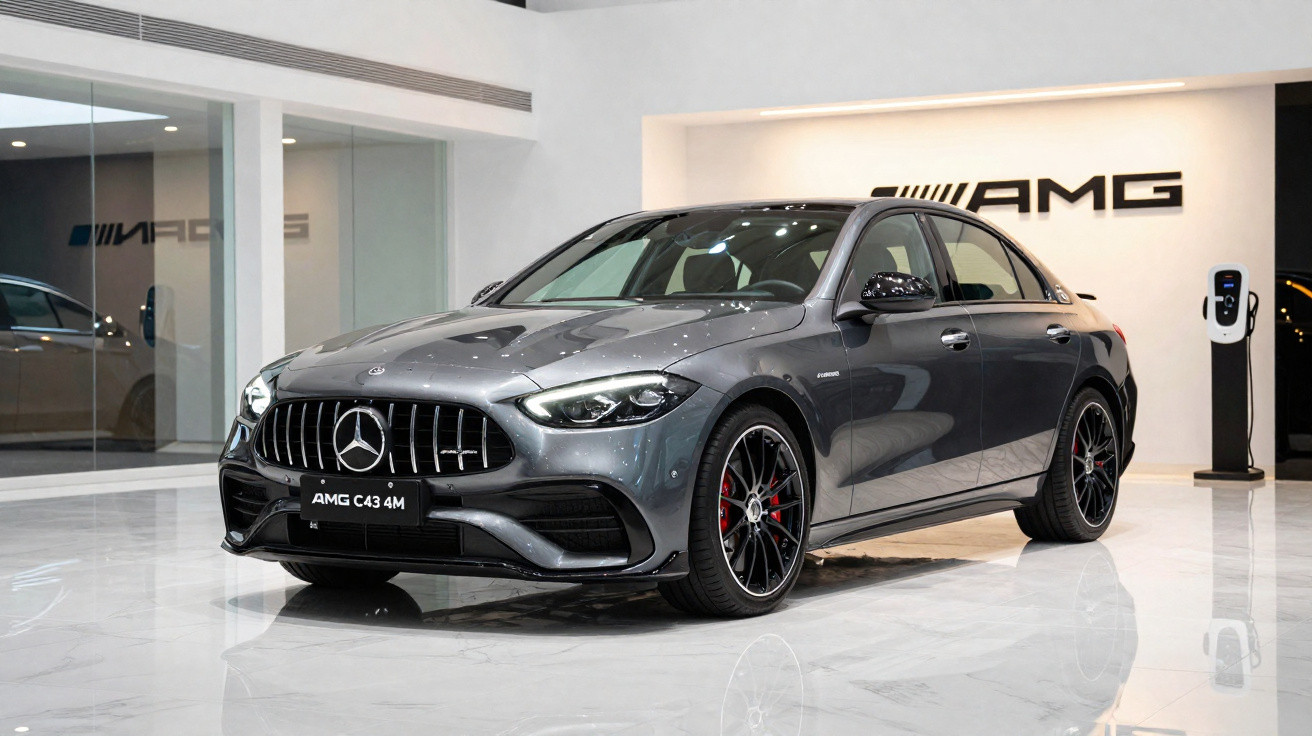 Mercedes-Benz AMG C43 4M cinza exibido em showroom moderno com piso branco brilhante e parede com logo AMG.