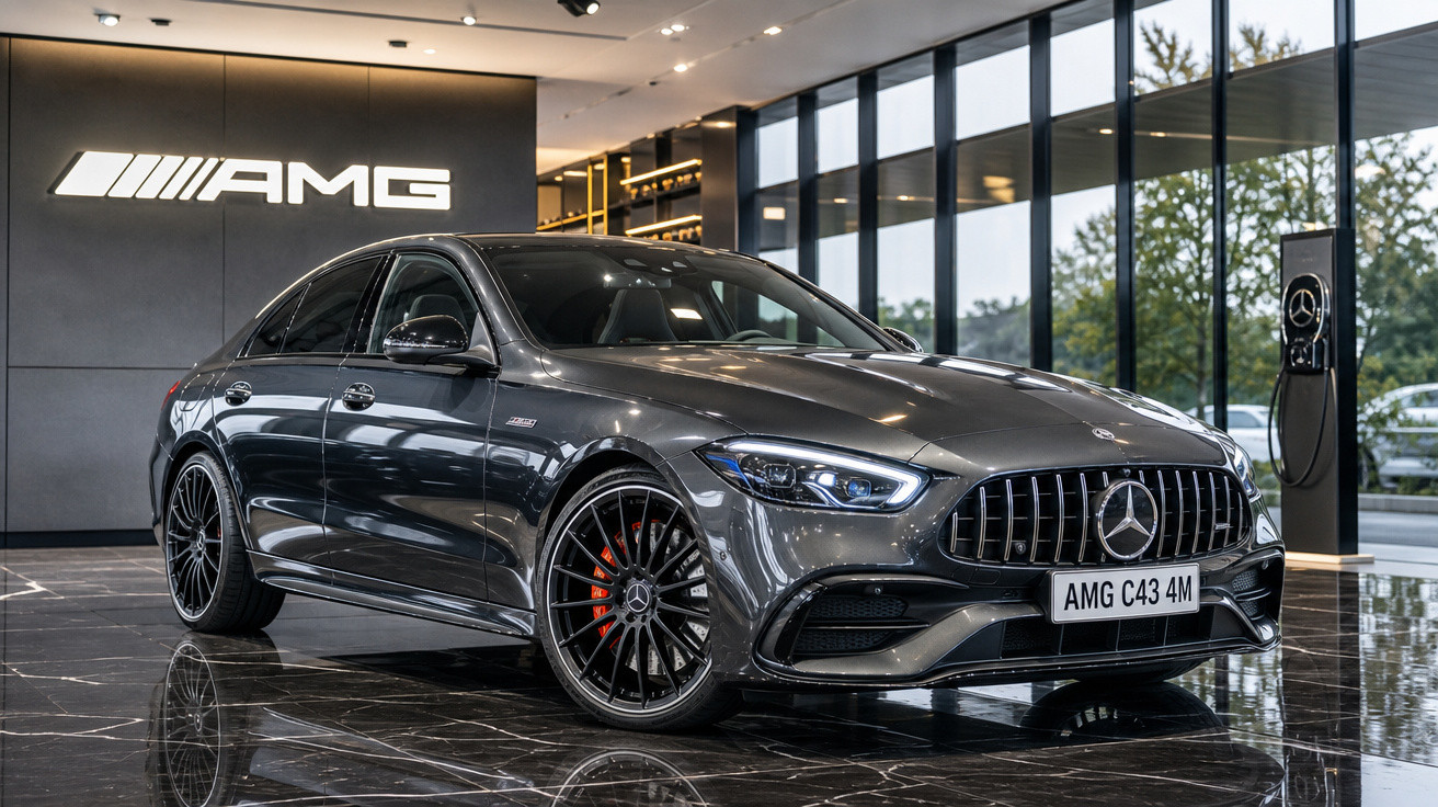 Carro esportivo Mercedes-AMG C43 4M estacionado em showroom moderno com piso brilhante e vidros grandes.