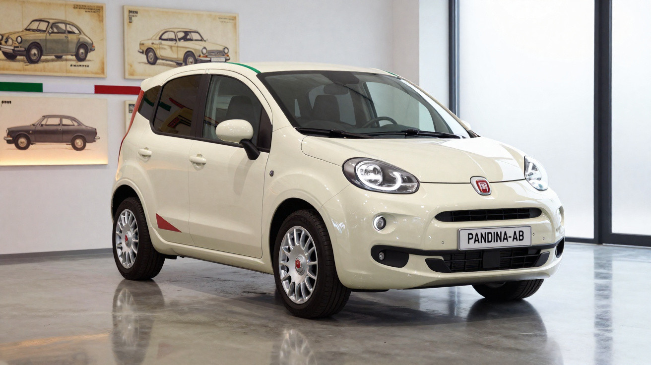 Carro Fiat Pandina AB branco exibido em sala com quadros de carros antigos na parede.