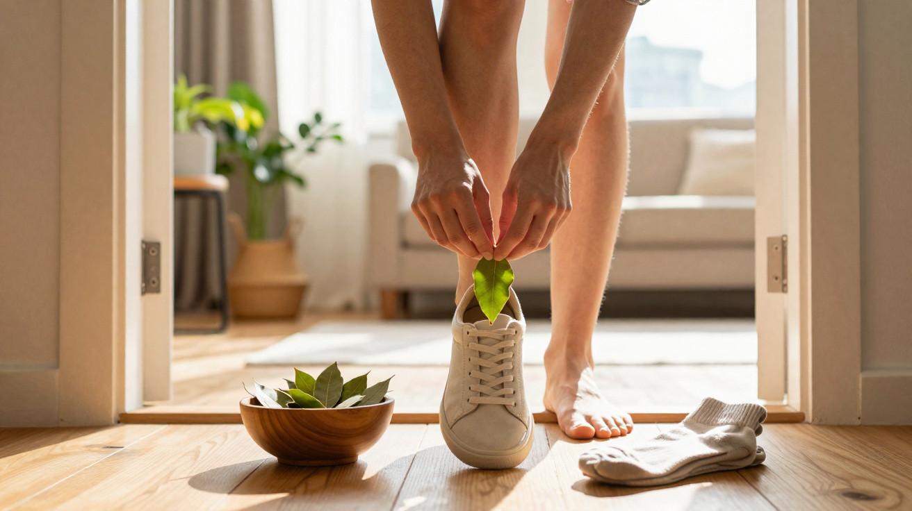 Pessoa colocando folhas verdes dentro de tênis branco em ambiente interno com plantas ao fundo.