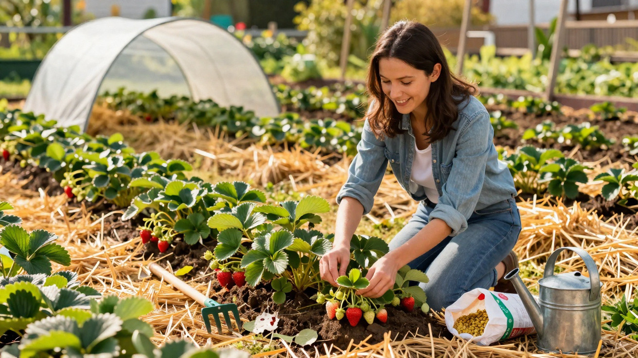 Mulher colhendo morangos em horta com plantas organizadas e ferramentas de jardinagem ao redor.