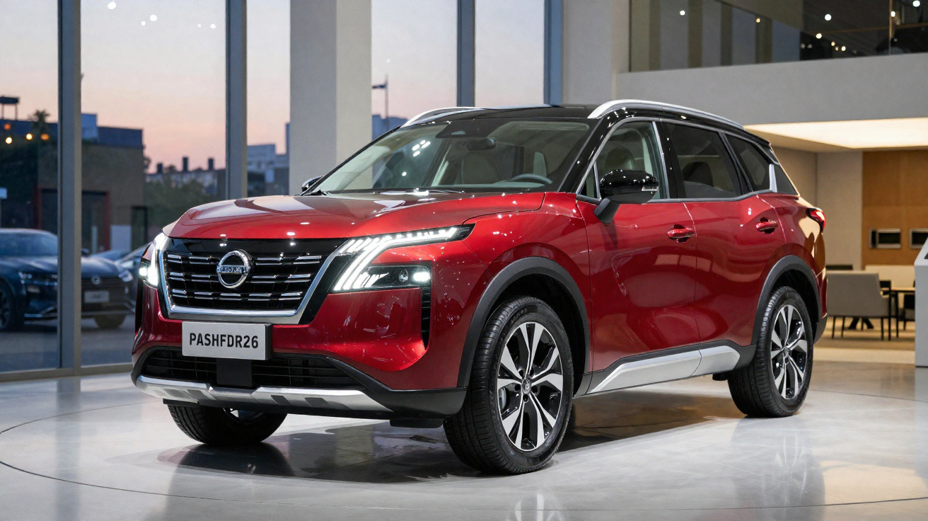 SUV Nissan vermelho com teto branco exibido em showroom moderno com iluminação suave.