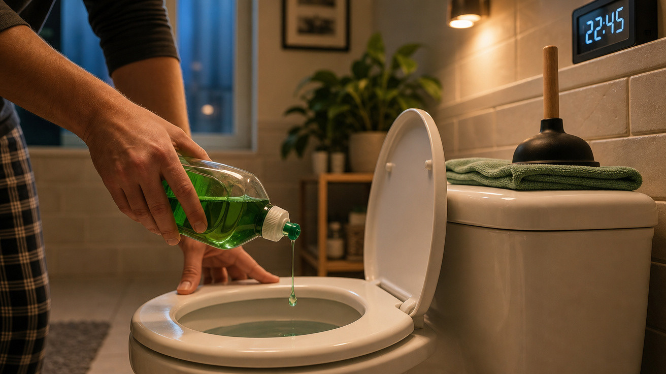 Pessoa despejando líquido verde no vaso sanitário aberto em banheiro à noite, com relógio digital marcando 22:45