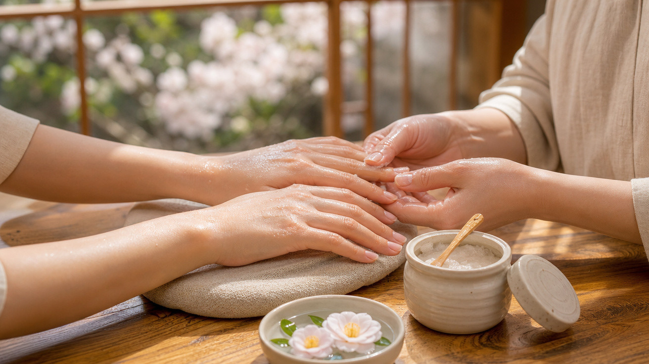 Pessoa recebendo massagem nas mãos em ambiente relaxante com decoração de flores e pote de creme.