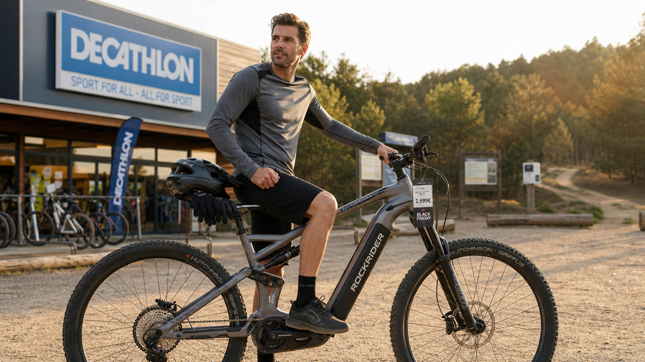 Homem sentado em bicicleta elétrica Rockrider em frente à loja Decathlon ao pôr do sol.