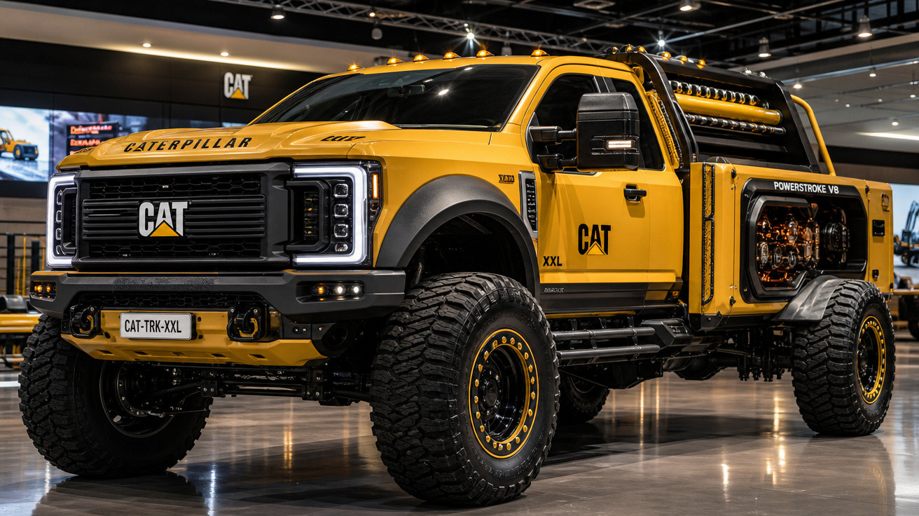 Picape amarela Caterpillar CAT TRK XXL com pneus off-road exposta em ambiente interno moderno.