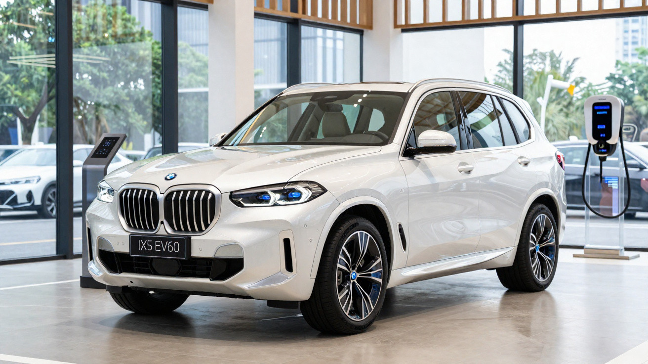 Carro elétrico BMW branco modelo iX5 EV60 estacionado em showroom moderno com carregador ao fundo.