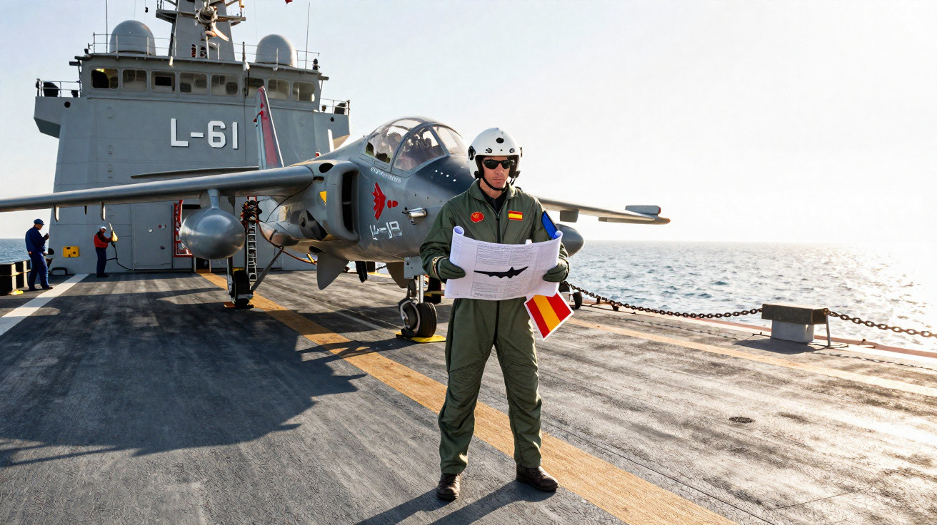Militar com uniforme e capacete segurando mapa no convés de navio próximo a avião de caça.