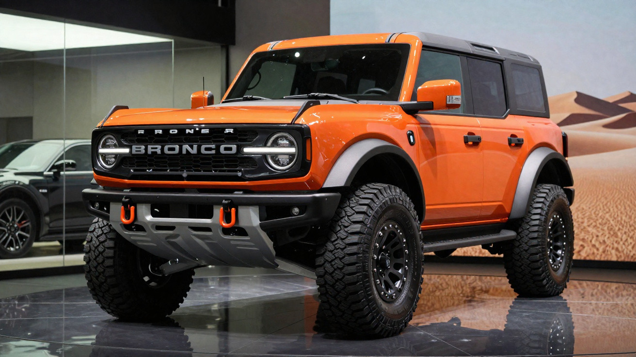 SUV Ford Bronco laranja com rodas grandes exposta em ambiente interno com fundo de desertos.
