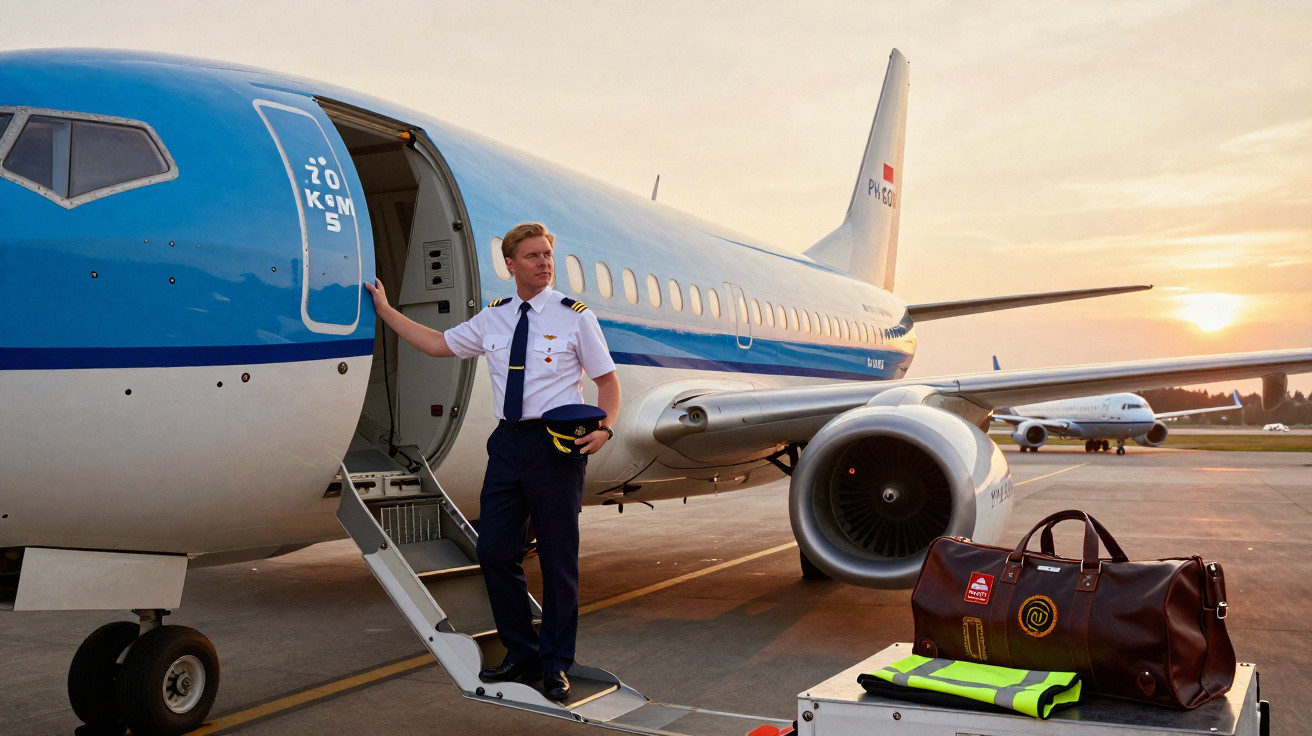 Piloto em uniforme branco segurando boné, de pé na escada da porta de avião no aeroporto ao pôr do sol.