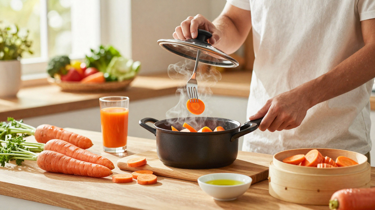 Pessoa cozinhando cenouras em panela preta com vapor, ao lado de cenouras e copo de suco na cozinha.