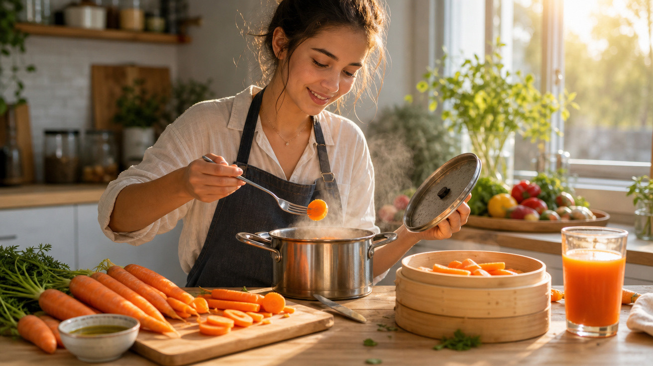 Mulher cozinhando cenouras na panela na cozinha iluminada, com legumes frescos na bancada.