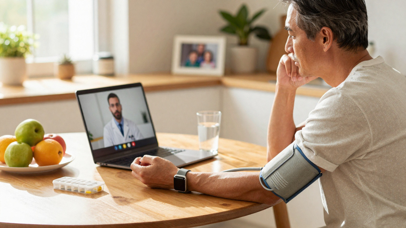 Homem usando monitor de pressão faz consulta médica online pelo laptop em mesa com frutas e remédios.