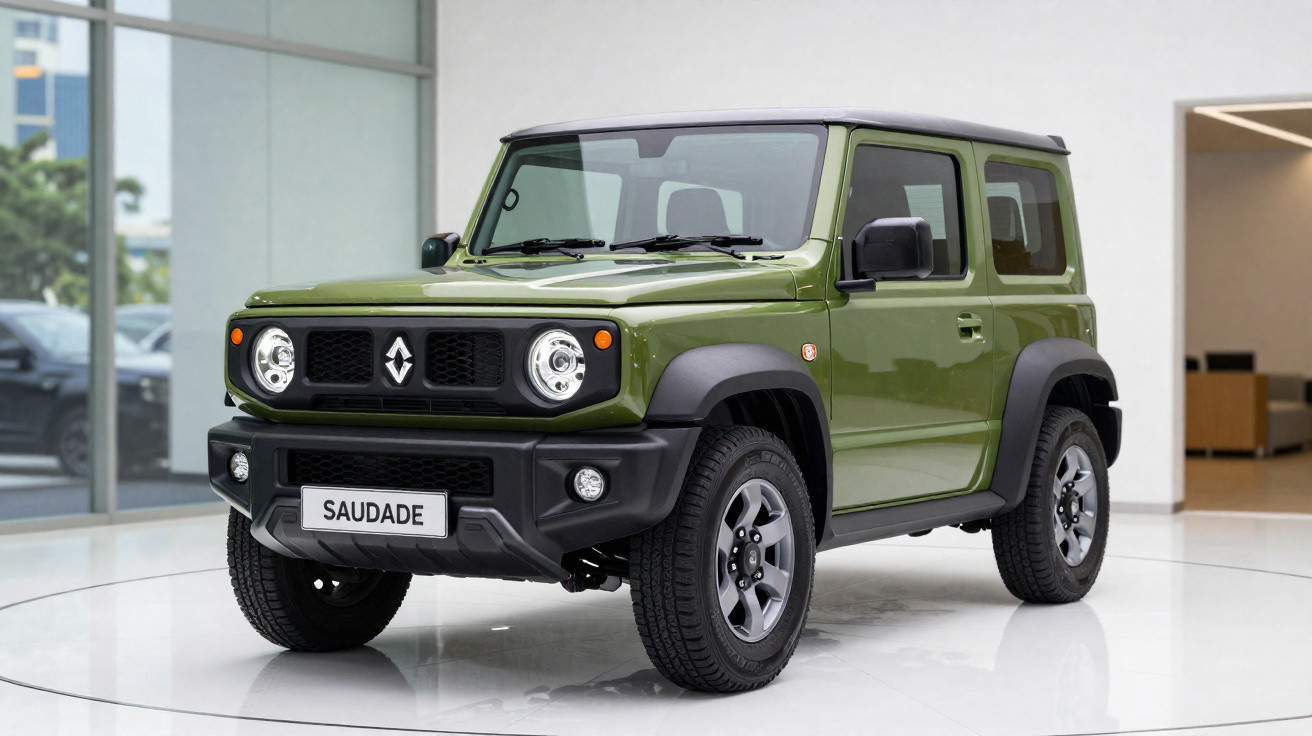 Carro SUV verde militar estacionado em chão branco dentro de showroom moderno.