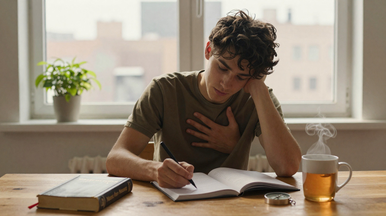 Jovem sentado à mesa estudando com livro aberto, caneta na mão e xícara de chá fumegante.