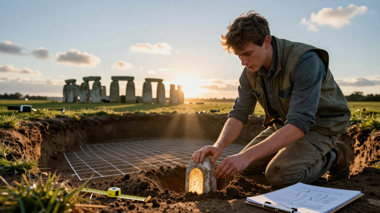 Jovem arqueólogo escavando próximo a Stonehenge ao pôr do sol, com prancha de desenho e régua no chão.