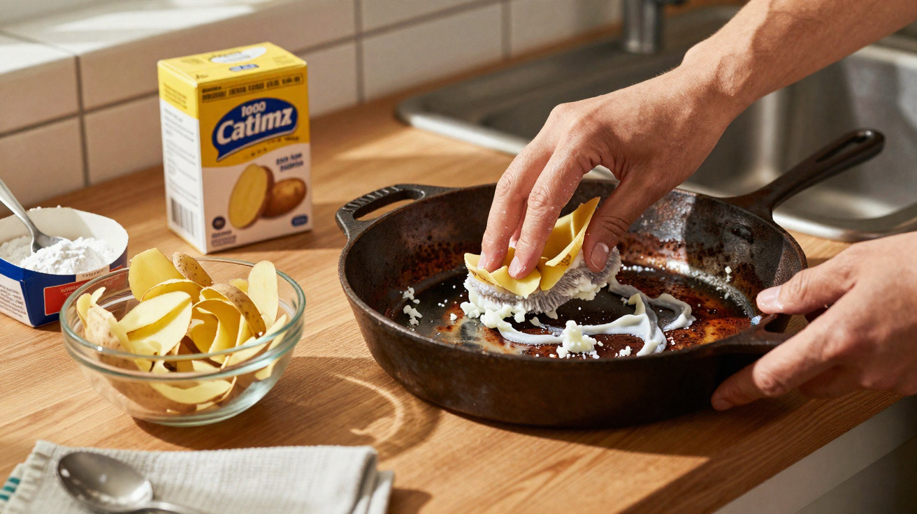 Pessoa preparando chips de batata caseiros em frigideira com ingredientes sobre bancada de cozinha.