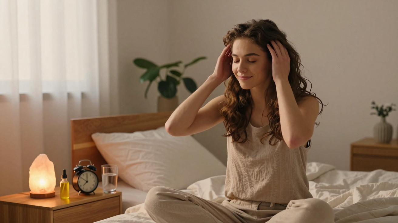 Mulher sentada na cama com olhos fechados, vestindo roupa bege, tocando o cabelo em um quarto acolhedor.
