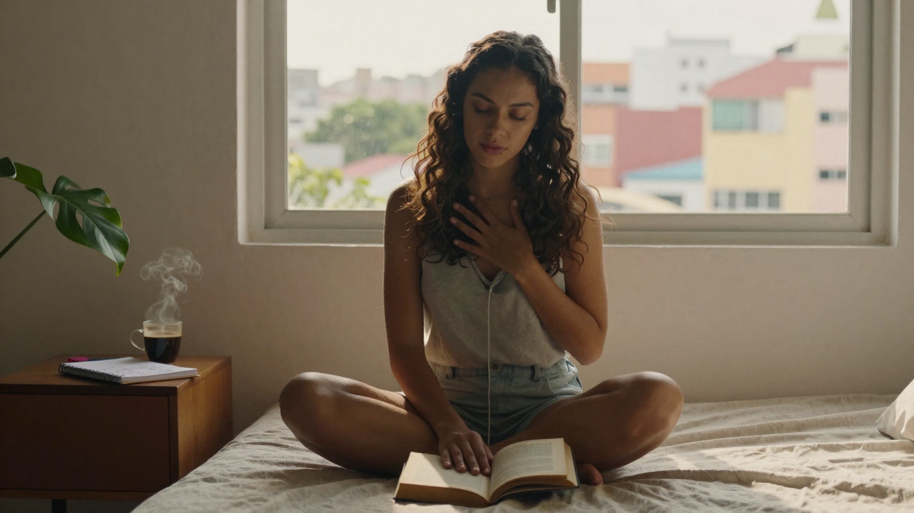 Mulher sentada de pernas cruzadas na cama lendo livro com janela iluminando o ambiente ao fundo.