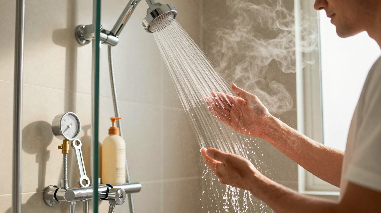 Pessoa testando a temperatura da água quente em um chuveiro com vapor saindo ao fundo.
