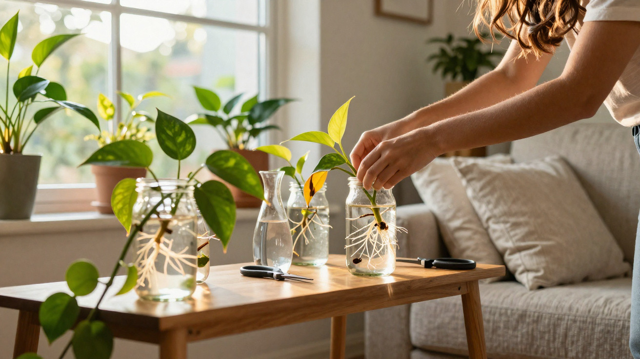 Pessoa cuidando de plantas com raízes em vasos transparentes sobre mesa em sala iluminada.