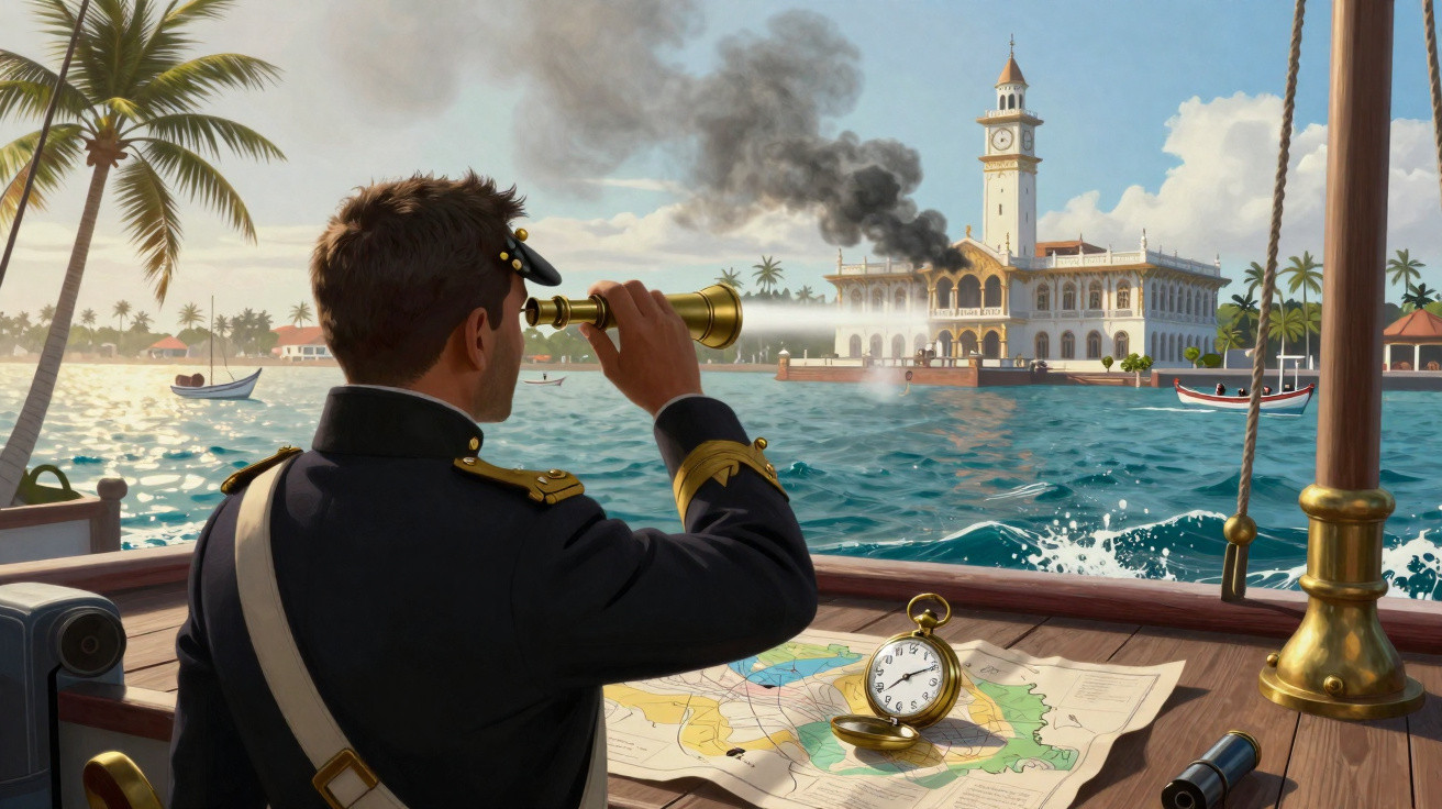 Homem em uniforme naval observa prédio histórico com fumaça ao longe, usando um telescópio em barco.