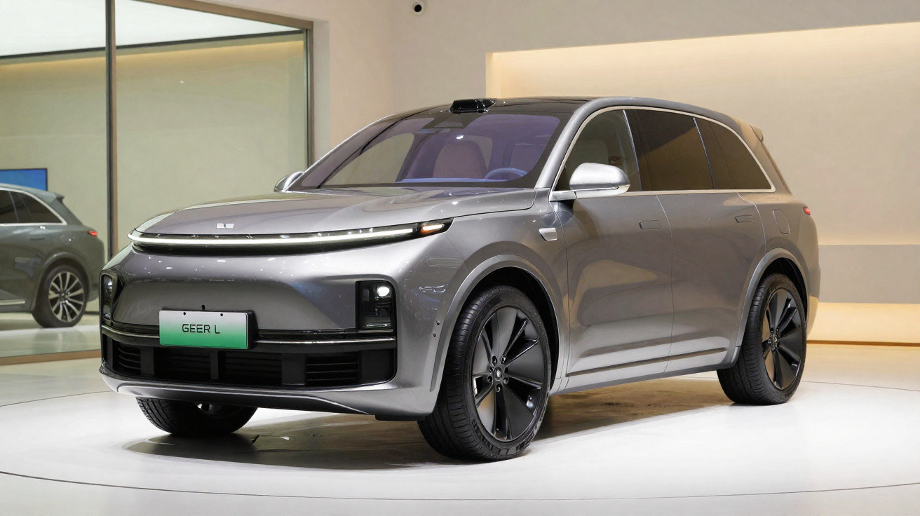 Carro SUV elétrico cinza prata estacionado em ambiente interno moderno com iluminação amarela.