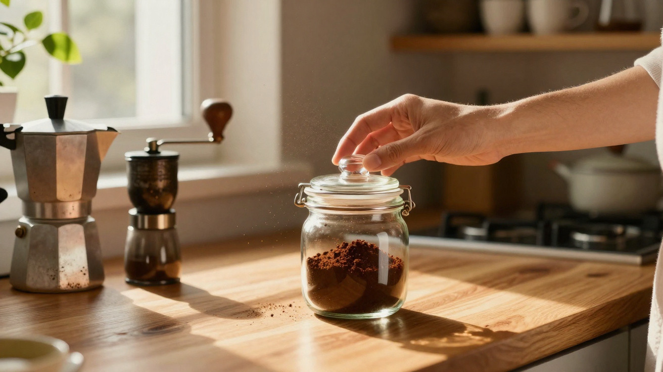 Mão abrindo pote de vidro com café moído sobre bancada de madeira em cozinha iluminada.
