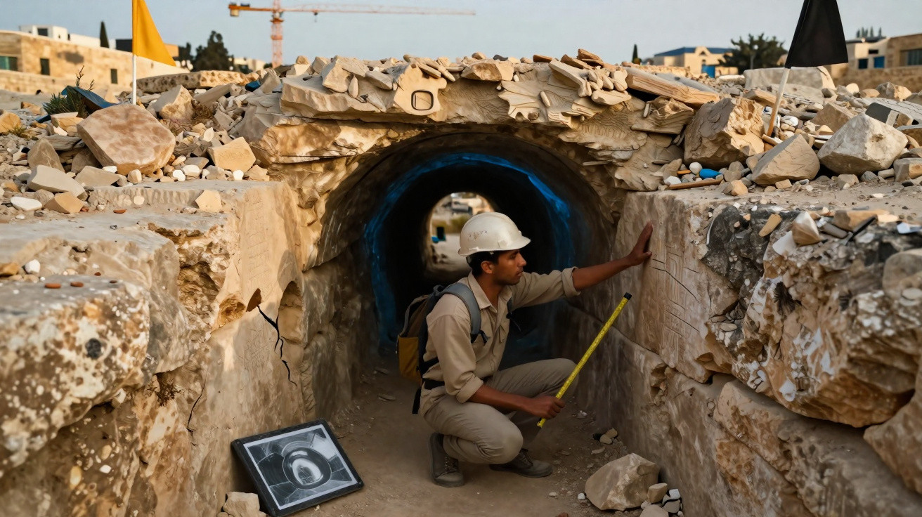 Arqueólogo medindo inscrições em túnel antigo de pedra, usando capacete e ferramentas de escavação.