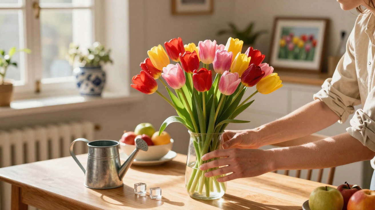 Pessoa organizando buquê de tulipas vermelhas, amarelas e rosas em vaso de vidro sobre mesa de madeira.