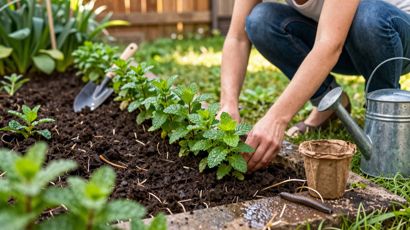 Pessoa plantando mudas de ervas em canteiro com regador e ferramentas de jardinagem ao lado.