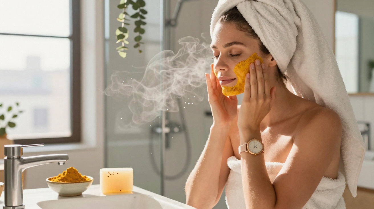 Mulher com toalha na cabeça aplicando máscara facial amarela em banheiro iluminado.