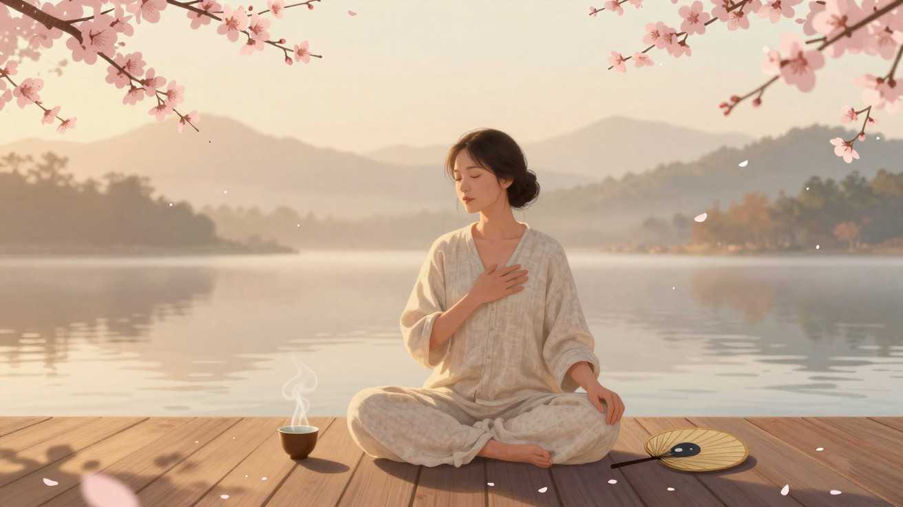 Mulher meditando à beira de lago ao amanhecer, rodeada por flores de cerejeira e montanhas ao fundo.