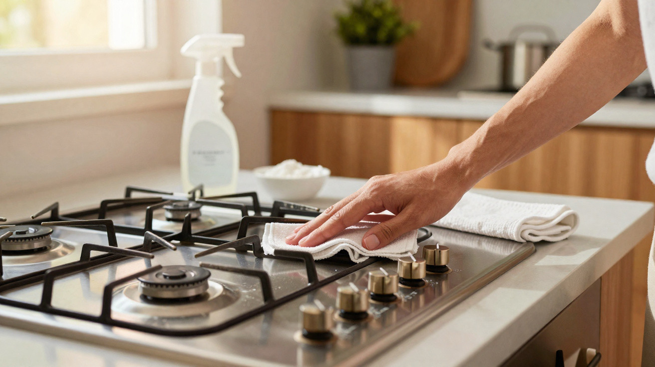 Pessoa limpando fogão de inox com pano branco em cozinha iluminada pela luz natural.