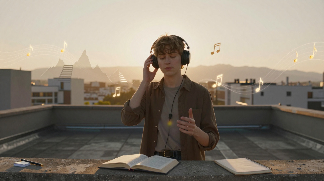 Jovem ouvindo música com fones em terraço ao pôr do sol, livros abertos e notas musicais flutuando.